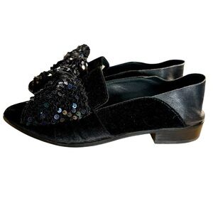 Shellys London Collapse Heel Flat Shoes Black Velvet Size Womens 7.5